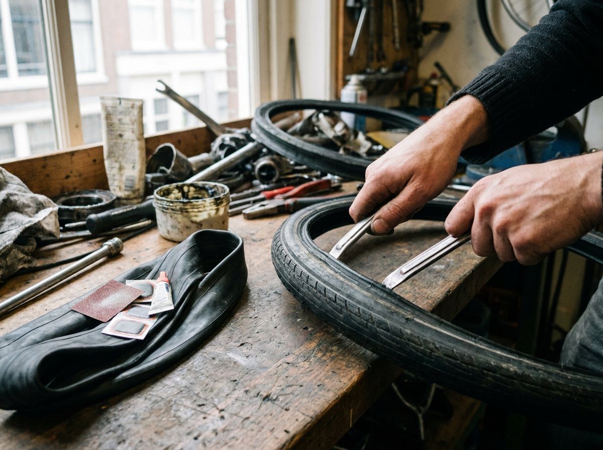 Lekke band wordt geplakt op de werkbank