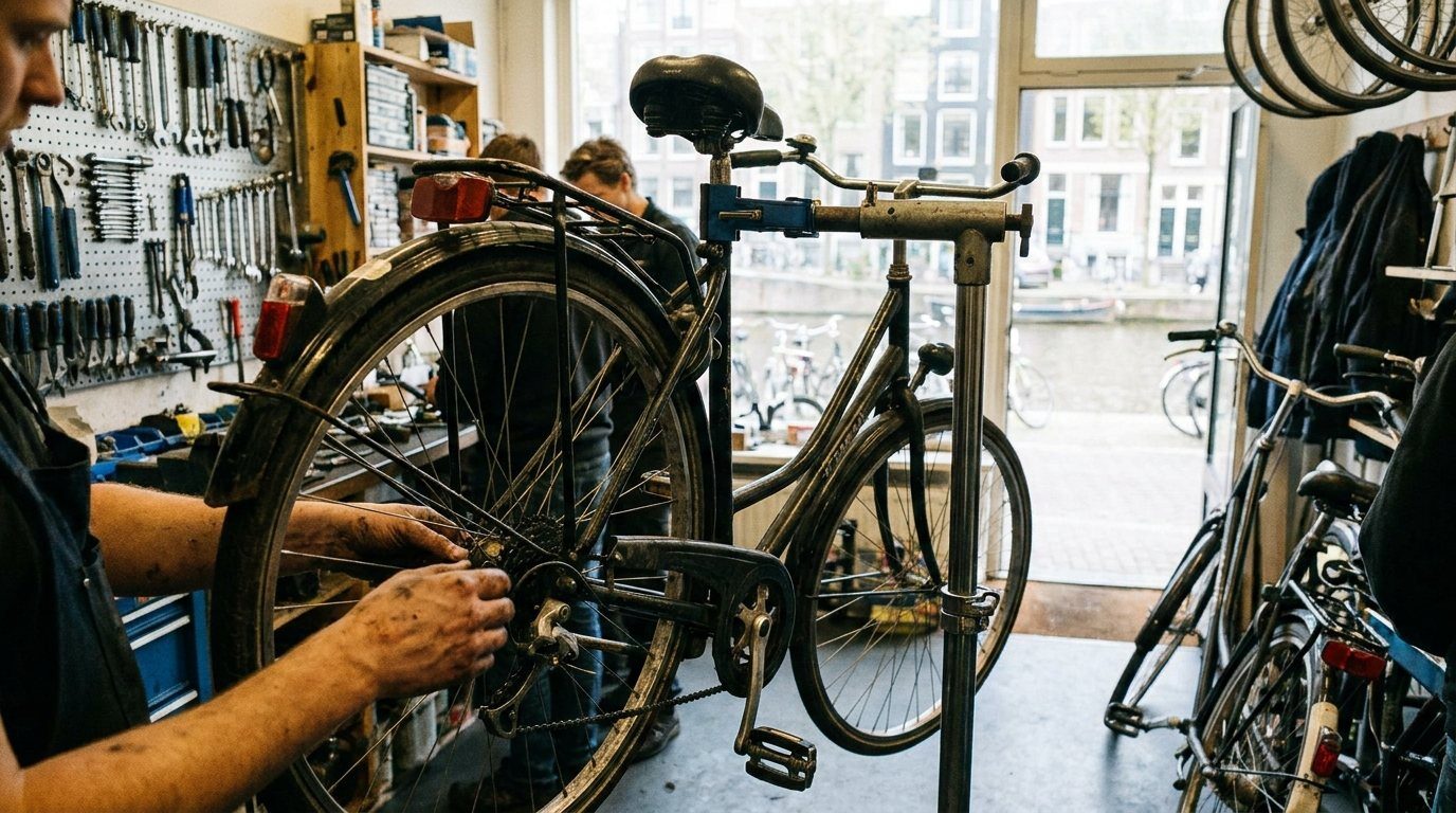 Monteur stelt de versnelling van een stadsfiets af in de werkplaats